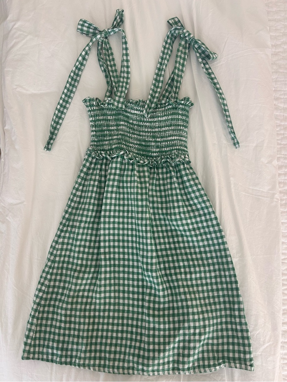 Reformation Dawson Dress - Green Gingham Smocked Tie-Shoulder Mini Dress - Picture 4 of 6